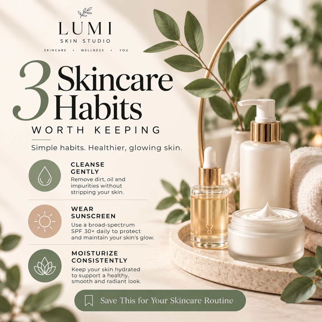 LUMI SKIN STUDIO educational graphic listing three habits: cleanse gently, wear sunscreen, and moisturize consistently.