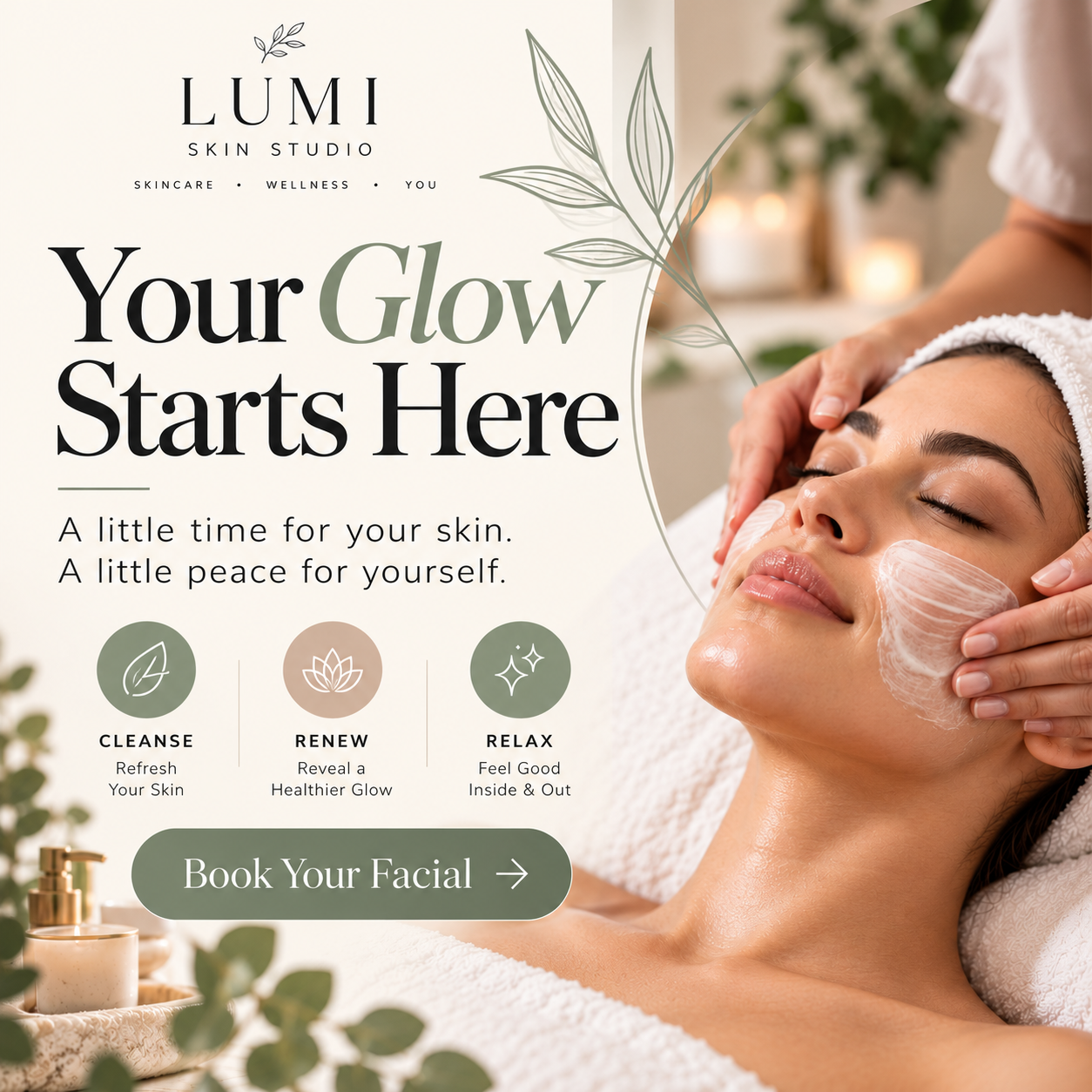 LUMI SKIN STUDIO promotional graphic reading “Your Glow Starts Here” with Cleanse, Renew, and Relax service highlights.