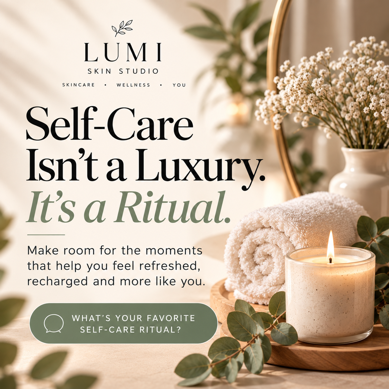 LUMI SKIN STUDIO engagement graphic reading “Self-Care Isn’t a Luxury. It’s a Ritual” and asking followers about their favorite self-care ritual.